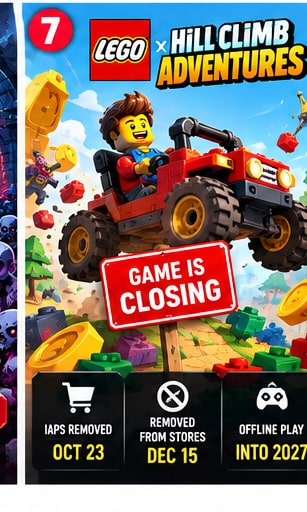 Lego Hill Climb Adventures buggy driving over hill with Game is Closing announcement sign