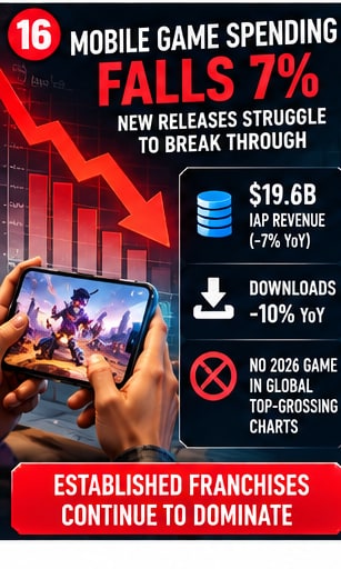 Industry report artwork showing mobile gamer holding phone against downward spending chart graphic