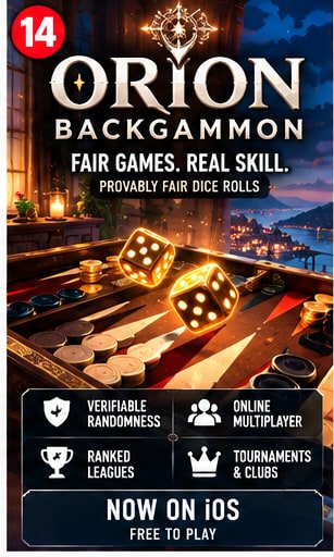Orion Backgammon digital board game artwork featuring glowing golden dice on classic backgammon board