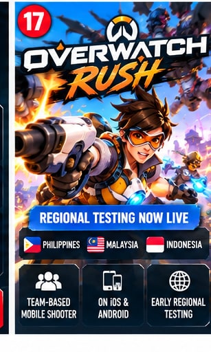 Overwatch Rush mobile shooter key visual showing Tracer firing pulse pistols with Southeast Asian regional testing banner