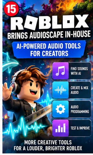 Roblox Audioscape announcement graphic featuring avatar with headphones and glowing audio equalizer waves