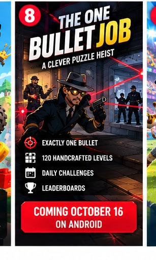 The One Bullet Job tactical heist puzzle art showing thief aiming pistol past red laser tripwires