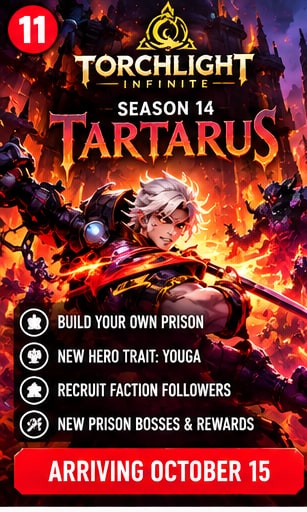 Torchlight Infinite Season 14 Tartarus key art featuring Youga wielding sword in front of blazing prison