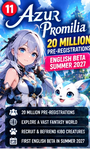 Azur Promilia fantasy RPG key visual featuring anime protagonist and magical Kibo creature