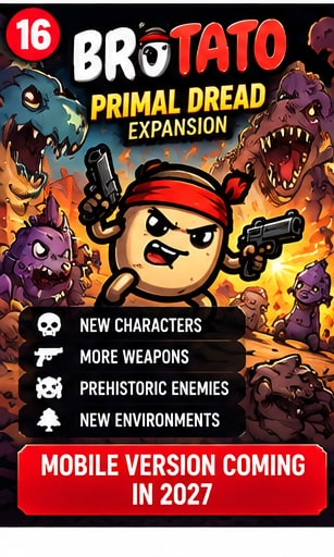 Brotato Primal Dread expansion key art showing multi-weapon potato warrior fighting prehistoric beasts