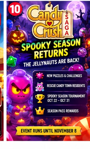 Candy Crush Saga Spooky Season key art featuring returning Jellynauts Halloween event and tournament rewards