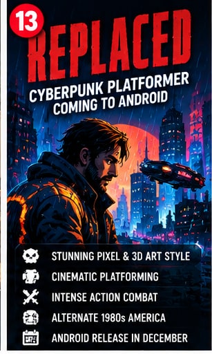 Replaced 2.5D cinematic cyberpunk platformer visual showing neon-lit Phoenix City cityscape on Android