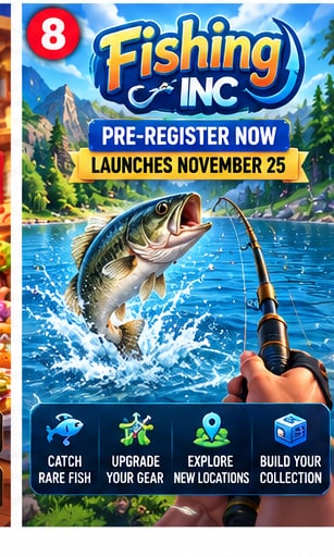Fishing Inc mobile pre-registration art showing peaceful fishing lake, boat, and legendary catch