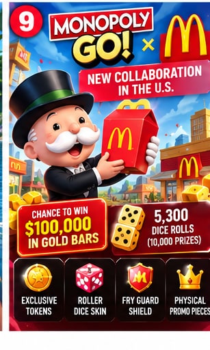 Monopoly Go and McDonald's partnership promotion visual with Mr. Monopoly, french fries token, and gold prizes