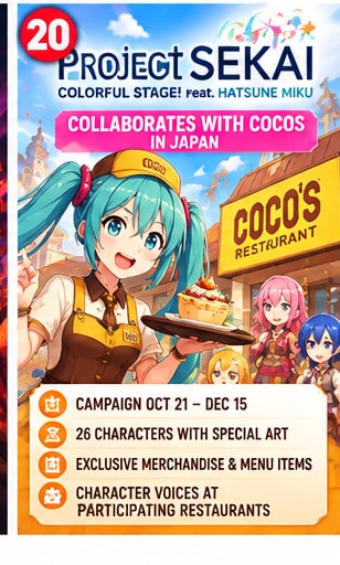 Project Sekai x Cocos restaurant collaboration visual featuring Hatsune Miku in restaurant uniform serving parfait