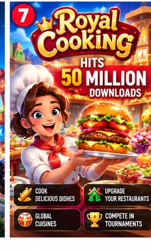 Royal Cooking 50 million downloads milestone key art with chef plating gourmet dishes in busy restaurant