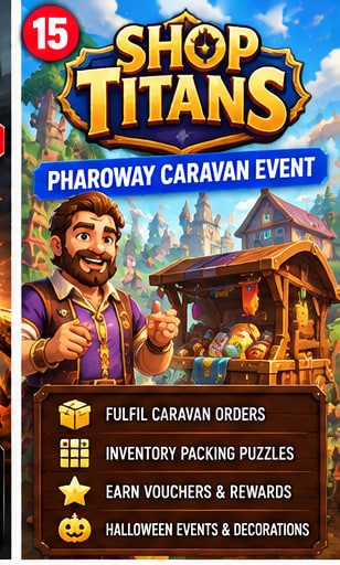 Shop Titans Pharoway Caravan event visual featuring Stahl the Centaur and spatial inventory packing puzzle