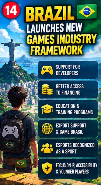 Brazil Legal Framework for Games Industry artwork depicting game developer overlooking Rio de Janeiro landscape