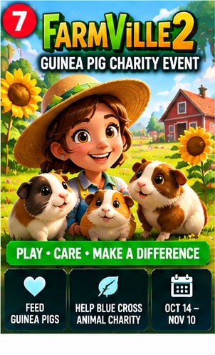 FarmVille 2: Country Escape Pet Pals charity event visual featuring guinea pigs and farm backdrop for Blue Cross partnership