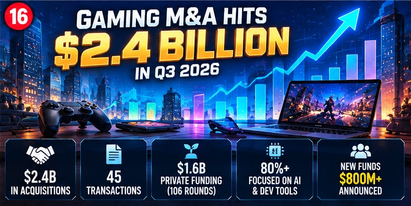 Gaming industry Q3 2026 M&A investment report graphic showing financial charts, laptop, and game controller