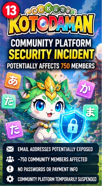 Kotodaman mobile game mascot with security shield symbol addressing community platform security notification