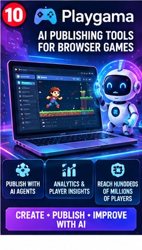 Playgama AI game publishing ecosystem illustration with developer laptop and AI coding assistant bot