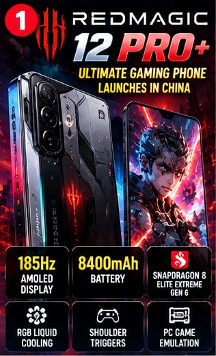 RedMagic 12 Pro+ gaming smartphone promotional graphic highlighting 185Hz AMOLED display, RGB liquid cooling, and 8400mAh battery