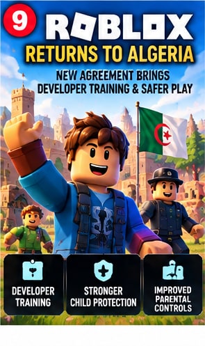Roblox return to Algeria announcement graphic featuring blocky avatar in front of Algerian landmarks and safety icons