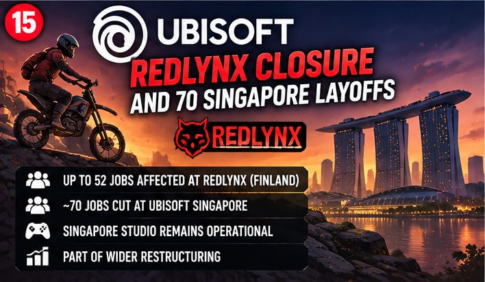 Ubisoft restructuring graphic depicting RedLynx motorbike rider against Singapore skyline background