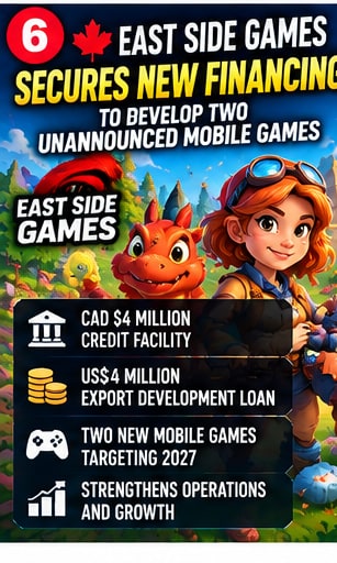East Side Games Group financing announcement visual detailing new CAD $4M and US$4M credit facilities for 2027 mobile game development