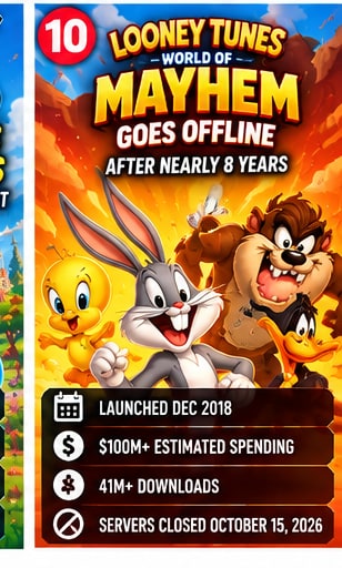 Looney Tunes World of Mayhem sunset commemorative artwork showing classic cartoon characters and October 15 shutdown notice