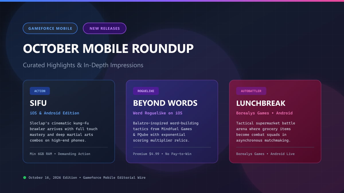 October mobile release roundup editorial visual showcasing martial arts action, roguelike word puzzles, and tactical card autobattler gaming