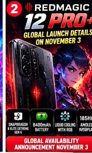 RedMagic 12 Pro+ gaming smartphone graphic announcing November 3 global availability with RGB liquid cooling and Snapdragon 8 Elite Extreme