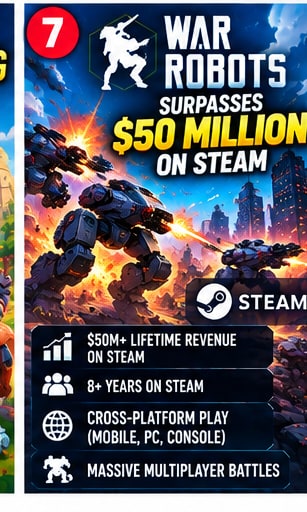 War Robots multiplayer mech combat visual celebrating $50 million in lifetime Steam PC revenue
