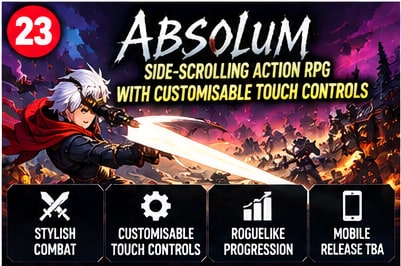 Absolum mobile action RPG visual depicting anime swordsman performing slash combo across fantasy battlefield
