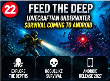 Feed the Deep Lovecraftian underwater survival visual showing deep-sea diver with flashlight facing glowing cyclops sea monster