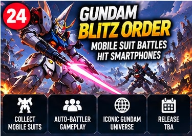 Gundam Blitz Order auto-battler visual showing iconic mobile suit wielding beam rifle in futuristic sci-fi war zone