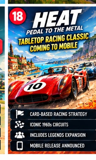 Heat: Pedal to the Metal digital adaptation artwork showing red 1960s vintage racing car speeding along European Grand Prix circuit