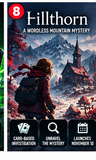 Hillthorn atmospheric mountain mystery adventure artwork showing lone investigator looking up at suspicious alpine village