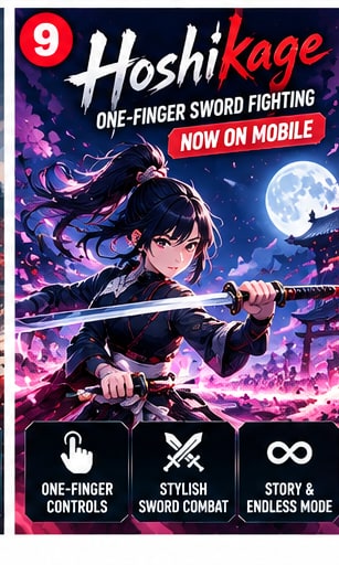 Hoshikage one-finger anime sword fighter artwork showing swordswoman striking with katana beneath bright full moon and cherry blossoms
