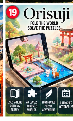 Orisuji folding screen puzzle visual showing origami world on dual-screen folding smartphone with torii gate and animal guides