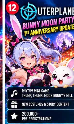 Outerplane Bunny Moon Party 1st anniversary key visual featuring anime heroine and Moon Rabbit mascot beneath full moon
