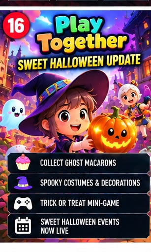 Play Together Sweet Halloween update artwork showing cute witch baker character with jack-o'-lantern and ghost macarons