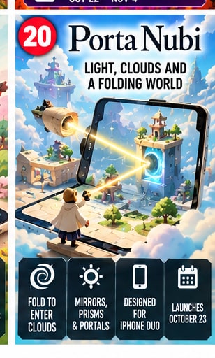 Porta Nubi light-based puzzle game graphic demonstrating optical beams and prisms interacting across folding smartphone screens