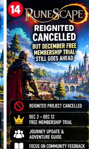 RuneScape Reignited cancellation notice and December 2-12 free membership trial announcement visual featuring armored knight overlooking Lumbridge