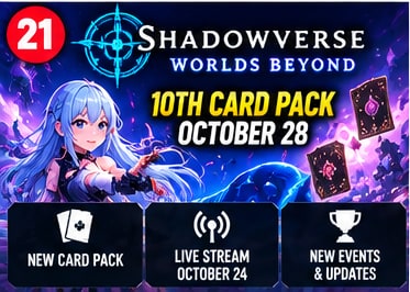 Shadowverse: Worlds Beyond 10th Card Pack announcement artwork showing anime mage heroine and glowing magical cards