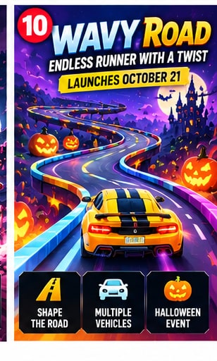 Wavy Road iOS game artwork depicting a yellow sports car racing along a curving road framed by glowing Halloween pumpkins