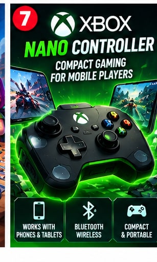 Xbox Nano Controller compact wireless gamepad visual shown alongside gaming smartphone with neon green Xbox lighting