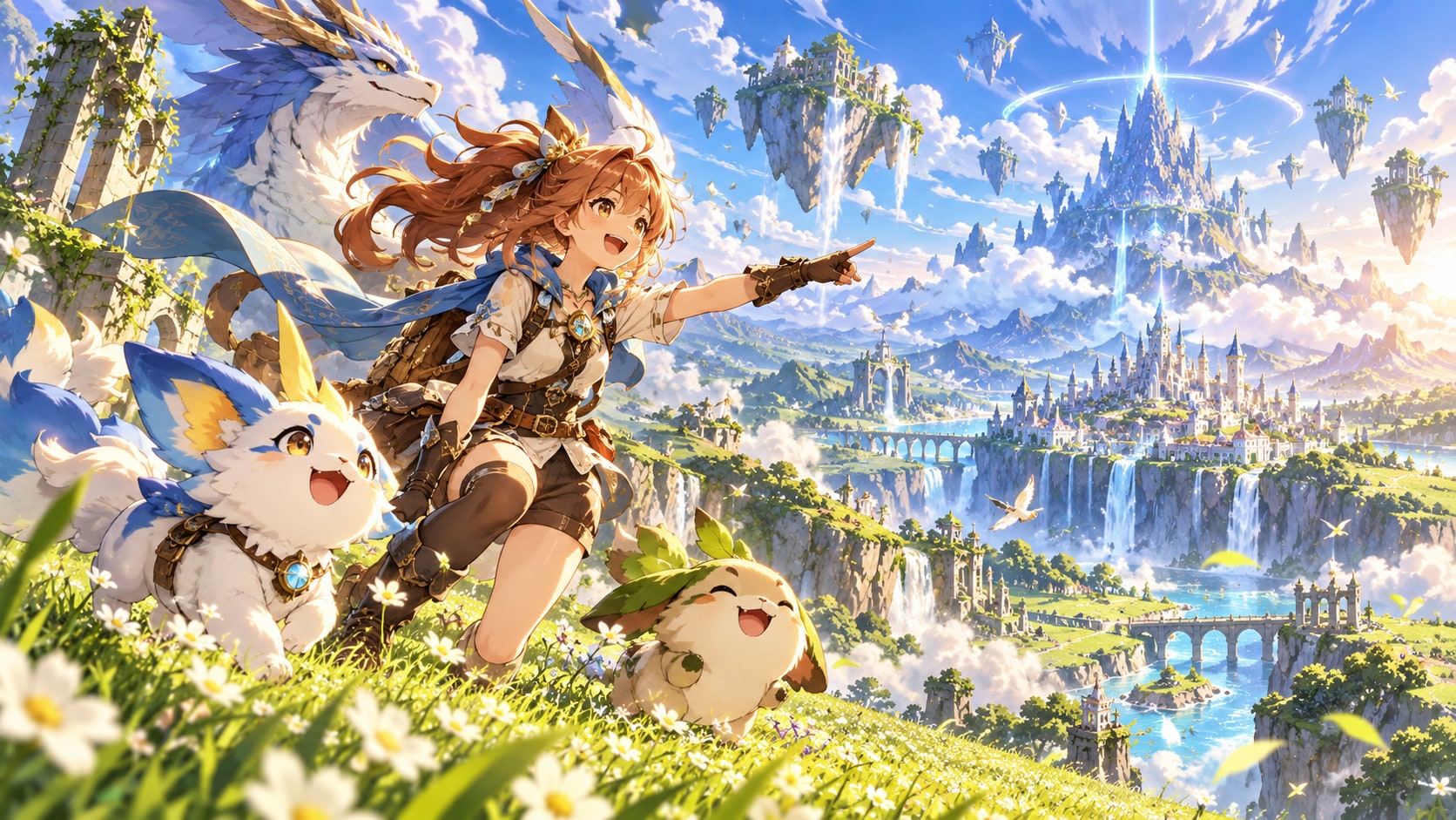 Azur Promilia key visual showing fantasy adventurer in flower meadows accompanied by Kibo creatures overlooking floating islands and grand castle