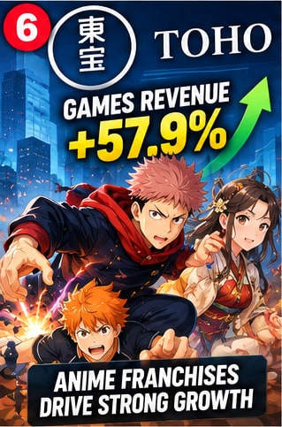 Toho animation games business visual depicting Jujutsu Kaisen and anime franchise characters with rising 57.9% revenue growth indicator