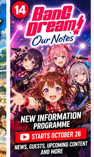 BanG Dream! Our Notes key visual featuring enthusiastic anime band idols on illuminated stage announcing October 26 Danran TV stream