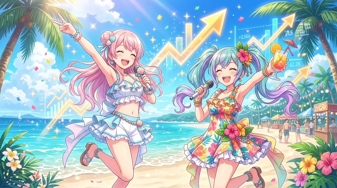 hololive Dreams mobile sales surge key visual showing anime virtual idols singing in seaside outfits with rising App Store charts