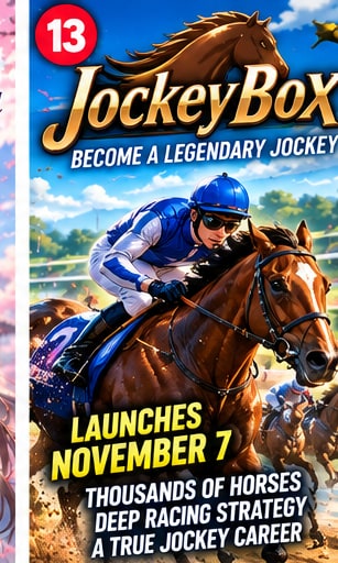 JockeyBox horse racing simulation artwork showing jockey in blue silks driving thoroughbred horse across racecourse finish stretch