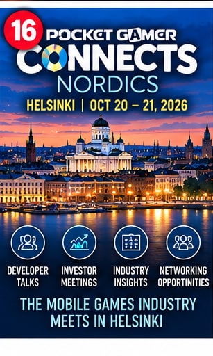 Pocket Gamer Connects Nordics graphic showing illuminated Helsinki waterfront and cathedral with mobile industry conference badges