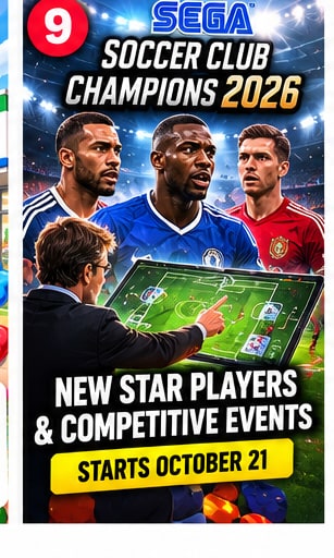 Sega Soccer Club Champions 2026 promotional visual showing football manager directing star players on tactical digital field under stadium lights